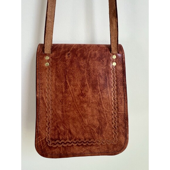 Vintage Handcrafted Leather Crossbody Bag Brown Brass Buckle Unisex - Picture 6 of 16
